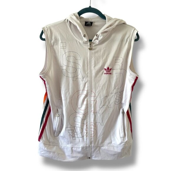 adidas Tops - Adidas Collab White Zip-Up Hooded Vest Colorful 3 Stripes Women's Size XL Sporty